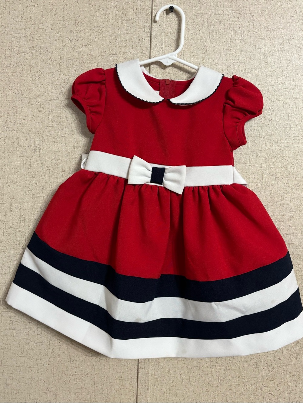 Bonnie Baby Red Dress with White Collar and Navy Stripes